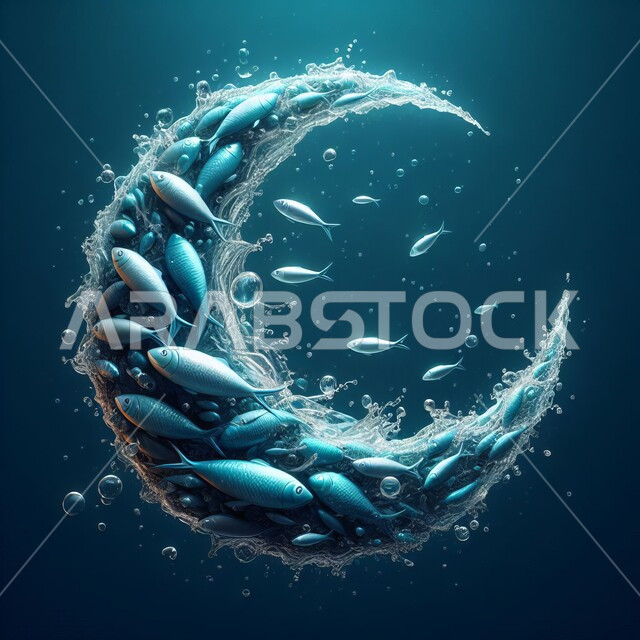 Exploring aquatic nature, fish wealth in the Saudi Arabian seas, decorations for the holy month of Ramadan, celebrating religious occasions and holidays, a three-dimensional model of a group of fish gathered in the shape of a crescent, randomly scattered water, blue background