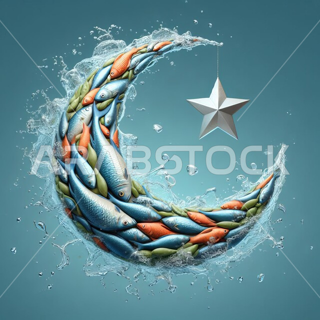 المياه المتناثرة بعشوائية، الثروة السمكية في البحار العربية السعودية، الاحتفال بالمناسبات والأعياد الدينية، زينة شهر رمضان المبارك، مجسم ثلاثي الأبعاد لمجموعة من الاسماك المتجمعة على شكل هلال ونجمة، استكشاف الطبيعة المائية، خلفيه زرقاء