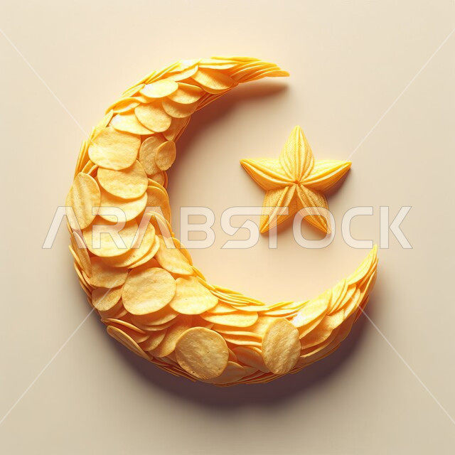 مجسم ثلاثي الأبعاد لشرائح البطاطس المقلية على شكل هلال ونجمة، الشيبسات و المقرمشات والسناكات الشهية، منتج وطني محلي، الاحتفال بالمناسبات والأعياد الدينية، الأطعمة والمأكولات السريعة، خلفيه وردية