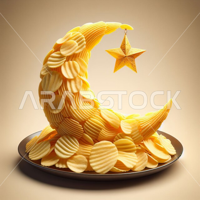 الاحتفال بالمناسبات والأعياد الدينية، مجسم ثلاثي الأبعاد لشرائح البطاطس المقلية على شكل هلال ونجمة، الشيبسات و المقرمشات والسناكات الشهية، منتج وطني محلي، الأطعمة والمأكولات السريعة، خلفيه وردية