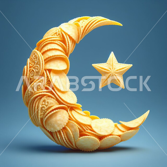 نقوش و زينة رمضان، مجسم ثلاثي الأبعاد لشرائح البطاطس المقلية على شكل هلال ونجمة، الشيبسات و المقرمشات والسناكات الشهية، منتج وطني محلي، الاحتفال بالمناسبات والأعياد الدينية، الأطعمة والمأكولات السريعة، خلفيه وردية