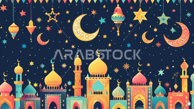 ديكورات وزينة شهر رمضان المبارك، بطاقة معايدة وتهنئة للإحتفال بقدوم الشهر الفضيل، أجواء رمضانية روحانية, الفن الهندسي المعماري لقبب ومآذن المساجد الملونة، هلال شهر الخير، خلفيات اسلامية 
