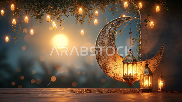  ديكورات وأنوار في الأجواء الرمضانية الروحانية، فانوس عربي معدني مزخرف مضيء، فوانيس اسلامية وتحف تقليدية للاحتفال بقدوم شهر الخير، هلال شهر رمضان المبارك، خلفية دينية