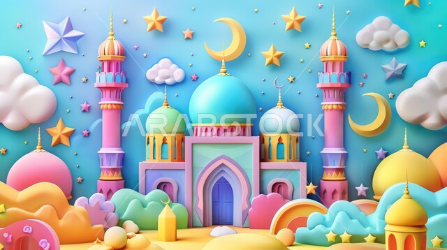 بطاقة معايدة وتهنئة للإحتفال بقدوم الشهر الفضيل، أجواء رمضانية روحانية, الفن الهندسي المعماري للمساجد الملونة، هلال شهر الخير، ديكورات وزينة شهر رمضان المبارك، خلفيات اسلامية 