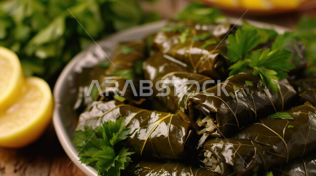 طبق محشي ورق العنب اللذيذ المزين بالبقدونس مع الليمون، مطاعم ومطابخ المملكة العربية السعودية، المأكولات والوجبات العربية الشرقية، اطباق المقبلات وفاتحات الشهية اللذيذة