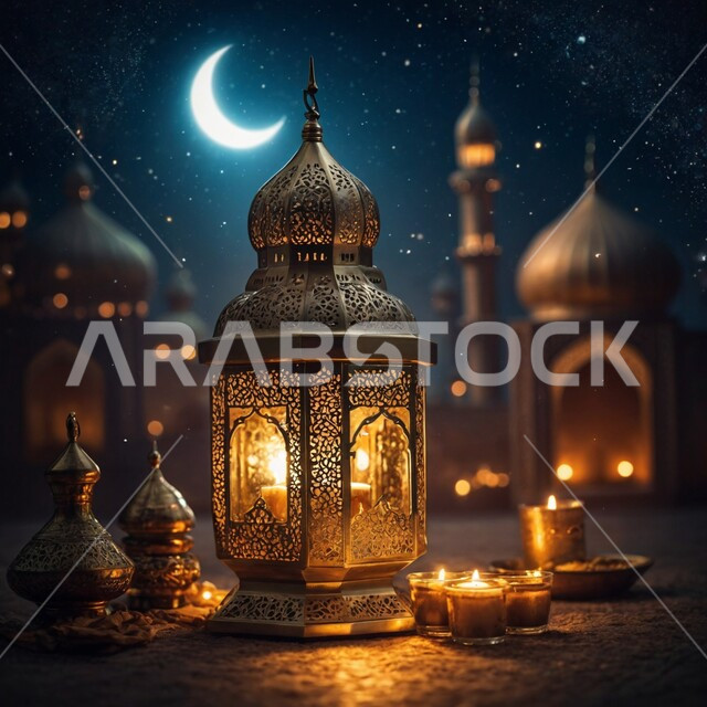 فانوس عربي معدني مزخرف مضيء، فوانيس اسلامية وتحف تقليدية للاحتفال بقدوم شهر الخير، هلال شهر رمضان المبارك, ديكورات وأنوار وزينة المناسبات الاسلامية والدينية, الأجواء الرمضانية الروحانية