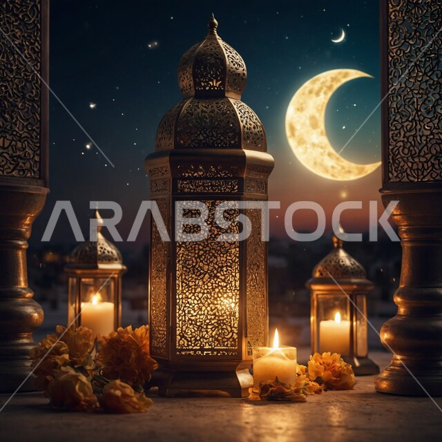 الأجواء الرمضانية الروحانية، فانوس عربي معدني مزخرف مضيء، فوانيس اسلامية وتحف تقليدية للاحتفال بقدوم شهر الخير، هلال شهر رمضان المبارك, ديكورات وأنوار وزينة المناسبات الاسلامية والدينية