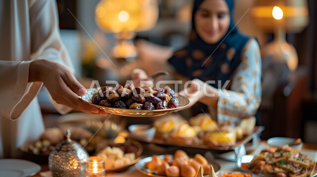 التجهيز لوجبة الافطار في شهر الخير و البركة, منتجات محليه سعوديه, مأكولات صحية على مائدة الافطار ,صورة مقربة ليد لرجل يحمل طبق من التمر ,أجواء رمضانية روحانية, المناسبات الاسلامية و الدينية, التجمعات العائلية  في شهر رمضان