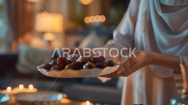 التجهيز لوجبة الافطار في شهر الخير و البركة, منتجات محليه سعوديه, مأكولات صحية على مائدة الافطار في شهر رمضان ,صورة مقربة ليد امرأة تحمل طبق من التمر ,أجواء رمضانية روحانية, المناسبات الاسلامية و الدينية