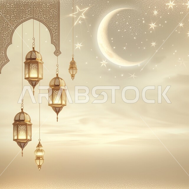 Celebrating the advent of the month of goodness, Islamic art for antiques and accessories, Islamic religious occasions, illuminated decorative metal Arabic lanterns, lighting and decorations for the holy month of Ramadan, decorations and lights in the spiritual Ramadan atmosphere.