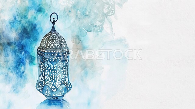 الفن الاسلامي للتحف والاكسسوارات، فانوس عربي معدني أزرق مزخرف مضيئ، ديكورات وأنوار في الأجواء الرمضانية الروحانية, مناسبات اسلامية دينية , الاحتفال بقدوم شهر الخير، إضاءة وزينة شهر رمضان المبارك، خلفية بيضاء