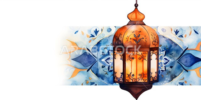 زينة و إضاءة شهر رمضان المبارك، فانوس عربي معدني مزخرف مضيئ، ديكورات وأنوار في الأجواء الرمضانية الروحانية, مناسبات اسلامية دينية , الاحتفال بقدوم شهر الخير، الفن الاسلامي للتحف والاكسسوارات، خلفية بيضاء