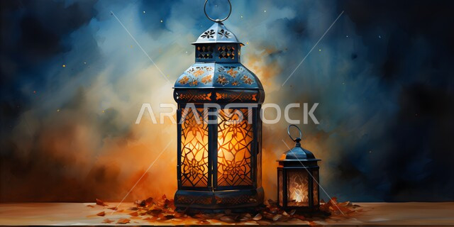 إضاءة وزينة شهر رمضان المبارك ,مناسبات دينية اسلامية ,فانوس عربي معدني مزخرف مضيئ، ديكورات وأنوار في الأجواء الرمضانية الروحانية, الاحتفال بقدوم شهر الخير، الفن الاسلامي للتحف والاكسسوارات