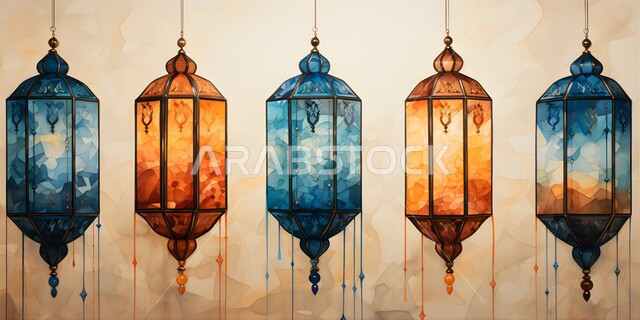 مجموعه من الفوانيس العربية المعدنية الملونة المزخرفة، مناسبات دينية اسلامية ,ديكورات وأنوار في الأجواء الرمضانية الروحانية,  الاحتفال بقدوم شهر الخير، الفن الاسلامي للتحف والاكسسوارات، إضاءة وزينة شهر رمضان المبارك