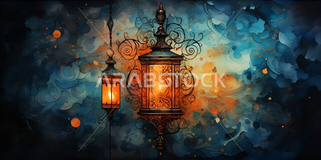 مناسبات دينية اسلامية ,فانوس عربي معدني مزخرف مضيئ، ديكورات وأنوار في الأجواء الرمضانية الروحانية,  الاحتفال بقدوم شهر الخير، الفن الاسلامي للتحف والاكسسوارات، إضاءة وزينة شهر رمضان المبارك