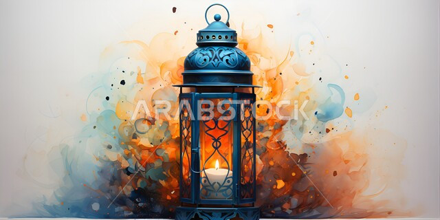 مناسبات اسلامية دينية ,فانوس عربي معدني مزخرف مضيئ، ديكورات وأنوار في الأجواء الرمضانية الروحانية,  الاحتفال بقدوم شهر الخير، الفن الاسلامي للتحف والاكسسوارات، إضاءة وزينة شهر رمضان المبارك، خلفية ملونة