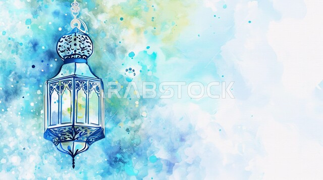فانوس عربي معدني أزرق مزخرف مضيئ، ديكورات وأنوار في الأجواء الرمضانية الروحانية, مناسبات اسلامية دينية , الاحتفال بقدوم شهر الخير، الفن الاسلامي للتحف والاكسسوارات، إضاءة وزينة شهر رمضان المبارك، خلفية زرقاء