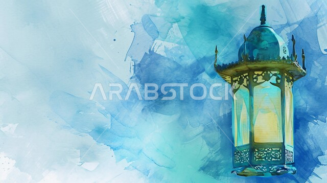 Decorations and lights in the spiritual Ramadan atmosphere, Islamic religious occasions, celebrating the coming of the month of goodness, Islamic art for antiques and accessories, a decorative blue metal Arabic lantern, lighting and decorations for the holy month of Ramadan, blue background