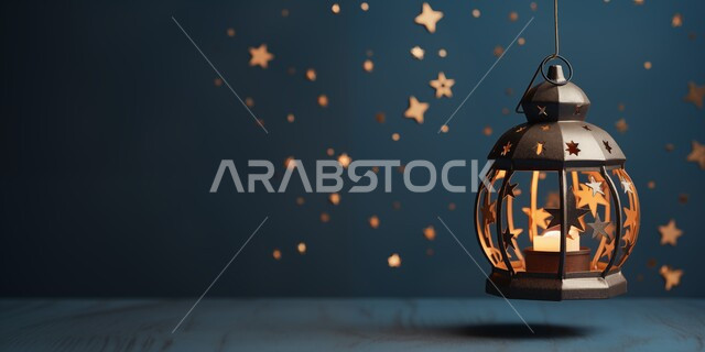 الفن الاسلامي للتحف والاكسسوارات، مناسبات دينية اسلامية ,فانوس عربي معدني مزخرف مضيئ، ديكورات وأنوار ذهبية في الأجواء الرمضانية الروحانية, الاحتفال بقدوم شهر الخير، إضاءة وزينة شهر رمضان المبارك, خلفية سوداء
