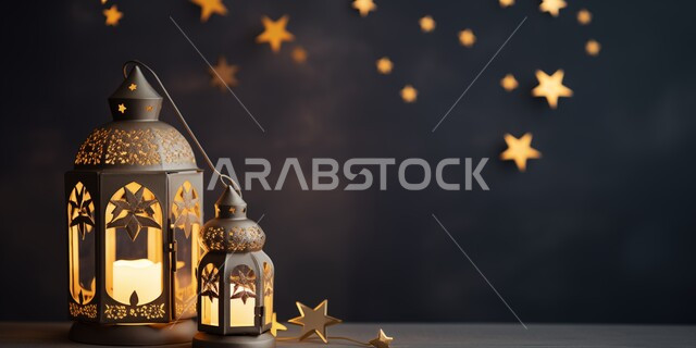 الفن الاسلامي للتحف والاكسسوارات، مناسبات دينية اسلامية ,فانوس عربي معدني مزخرف مضيئ، ديكورات وأنوار ذهبية في الأجواء الرمضانية الروحانية, الاحتفال بقدوم شهر الخير، إضاءة وزينة شهر رمضان المبارك, خلفية سوداء