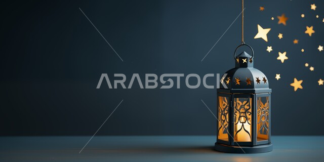 الفن الاسلامي للتحف والاكسسوارات، مناسبات دينية اسلامية ,فانوس عربي معدني مزخرف مضيئ، ديكورات وأنوار ذهبية في الأجواء الرمضانية الروحانية, الاحتفال بقدوم شهر الخير، إضاءة وزينة شهر رمضان المبارك, خلفية سوداء