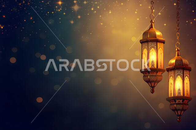 مجموعه من الفوانيس المعلقة العربية المعدنية المزخرفة المضيئة، ديكورات وأنوار ذهبية في الأجواء الرمضانية الروحانية, الاحتفال بقدوم شهر الخير، الفن الاسلامي للتحف والاكسسوارات، مناسبات دينية اسلامية ,إضاءة وزينة شهر رمضان المبارك, خلفية سوداء