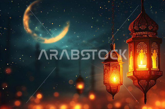 مجموعه من الفوانيس المعلقة العربية المعدنية المزخرفة المضيئة، ديكورات وأنوار ذهبية في الأجواء الرمضانية الروحانية, الاحتفال بقدوم شهر الخير، الفن الاسلامي للتحف والاكسسوارات، مناسبات دينية اسلامية ,إضاءة وزينة شهر رمضان المبارك, خلفية سوداء