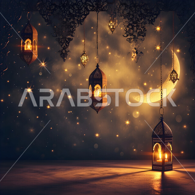 زينة و اضاءة شهر رمضان المبارك ,الفن الاسلامي للتحف والاكسسوارات، مجموعه من الفوانيس العربية المعدنية المزخرفة المضيئة، ديكورات وأنوار ذهبية في الأجواء الرمضانية الروحانية, الاحتفال بقدوم شهر الخير، مناسبات دينية اسلامية