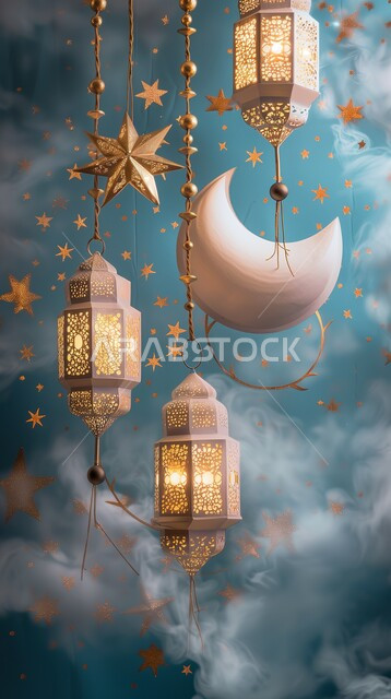 صورة مقربة للديكورات والأنوار المعلقة في الأجواء الرمضانية الروحانية, مناسبات اسلامية دينية , الاحتفال بقدوم شهر الخير، الفن الاسلامي للتحف والاكسسوارات، إضاءة الفوانيس وزينة شهر رمضان المبارك، خلفية زرقاء
