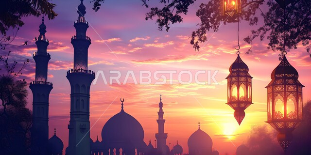 أنوار و زينة للاعياد والمناسبات الدينية ,اكسسوارات و تحف شهر رمضان المبارك ،خلفية المساجد الاسلامية وقت غروب الشمس, مجسمات ثلاثية الابعاد لفوانيس عربيه معدنيه مزخرفه معلقة