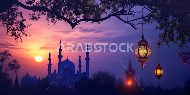 Accessories and antiques for the holy month of Ramadan, background of Islamic mosques at sunset, three-dimensional models of hanging decorative metal Arabic lanterns, decorations and lights for holidays and religious events