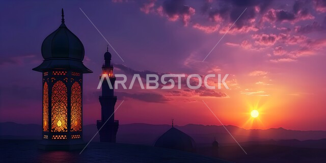 مجسمات ثلاثية الابعاد لفوانيس عربيه معدنيه مزخرفه معلقة, تحف واكسسوارات شهر رمضان المبارك ، زينة وأنوار للاعياد والمناسبات الدينية, خلفية المساجد الاسلامية وقت غروب الشمس