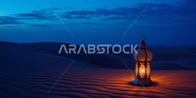 مجسمات ثلاثية الابعاد لفانوس معدني مزخرف على الرمال الذهبية الناعمة، تحف واكسسوارات شهر رمضان المبارك ،زينة وأنوار للاعياد والمناسبات, خلفية الصحراء ليلا
