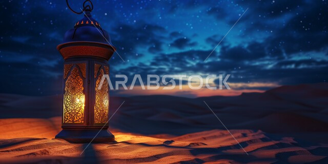 تحف واكسسوارات شهر رمضان المبارك ، مجسمات ثلاثية الابعاد لفانوس معدني مزخرف على الرمال الذهبية الناعمة، زينة وأنوار للاعياد والمناسبات, خلفية الصحراء ليلا