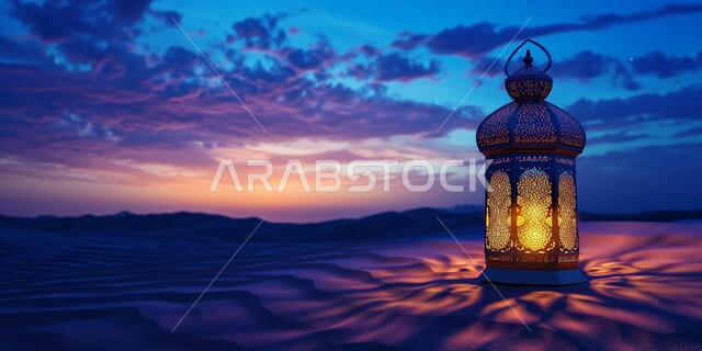 زينة وأنوار للاعياد والمناسبات, تحف واكسسوارات شهر رمضان المبارك ، مجسمات ثلاثية الابعاد لفانوس معدني مزخرف على الرمال الذهبية الناعمة، خلفية الصحراء وقت غروب الشمس