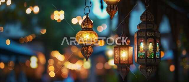 Background of Islamic mosques at sunset, three-dimensional models of hanging decorative metal Arabic lanterns, antiques and accessories for the holy month of Ramadan, decorations and lights for holidays and religious events
