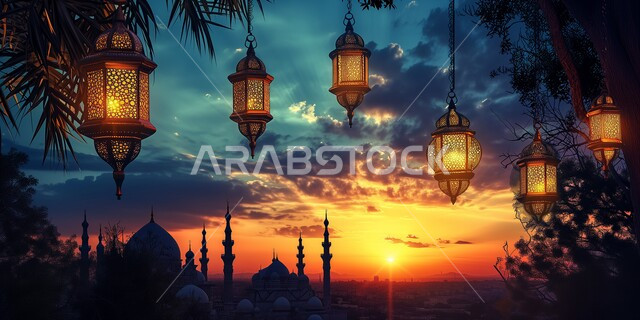 اكسسوارات و تحف شهر رمضان المبارك ،خلفية المساجد الاسلامية وقت غروب الشمس, مجسمات ثلاثية الابعاد لفوانيس عربيه معدنيه مزخرفه معلقة, زينة وأنوار للاعياد والمناسبات الدينية