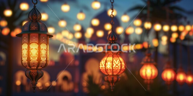 Background of Islamic mosques at sunset, three-dimensional models of hanging decorative metal Arabic lanterns, antiques and accessories for the holy month of Ramadan, decorations and lights for holidays and religious events