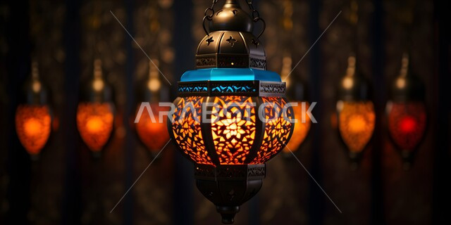 Preparing to welcome the month of goodness and blessings, three-dimensional models of hanging decorative metal Arabic lanterns, antiques and accessories for the holy month of Ramadan, decorations and lights for holidays and religious occasions.