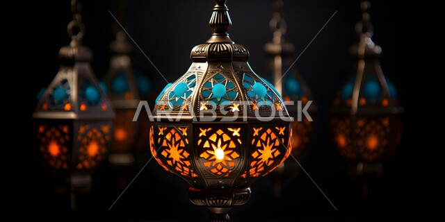 Preparing to welcome the month of goodness and blessings, three-dimensional models of hanging decorative metal Arabic lanterns, antiques and accessories for the holy month of Ramadan, decorations and lights for holidays and religious occasions.