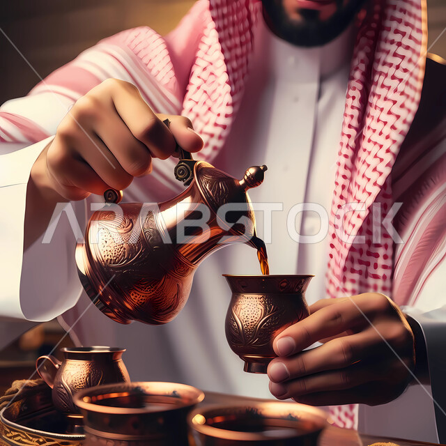 العادات والتقاليد الأصيلة المتوارثة من الأجداد ,منتجات وطنية محلية سعودية ,صورة مقربة لرجل عربي خليجي سعودي يرتدي الزي التقليدي يقوم بصب القهوة ,الضيافة في الاعياد و المناسبات, مفهوم اكرام الضيف وحسن الاستقبال