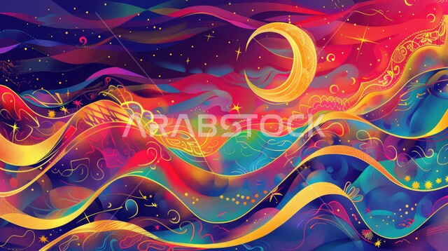 الاحتفال بالمناسبات الاسلامية الدينية, هلال شهر الخير باللون الذهبي، بطاقات تهنئة بقدوم شهر رمضان المبارك، خلفية ملونة في الأجواء الرمضانية الروحانية