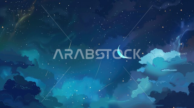 الاحتفال بالمناسبات الاسلامية الدينية, ظهور هلال شهر الخير في السماء الزرقاء، بطاقات تهنئة بقدوم شهر رمضان المبارك، خلفية زرقاء في الأجواء الرمضانية الروحانية، مشهد الغيوم القطنية