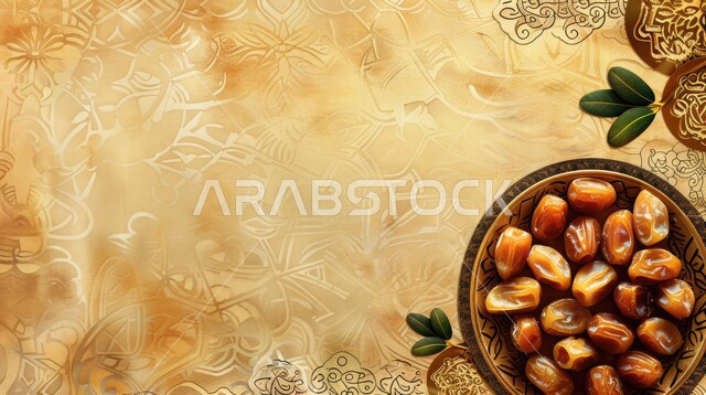 طبق من التمر السكري الصحي، وجبة ذات قيمة غذائية عالية، ضيافة شهر رمضان المبارك، انواع من التمور الصحية واللذيذة، خلفية رمضانية، بطاقة تهنئة بمناسبة الأعياد والمناسبات