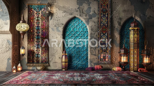 بطاقة معايدة وتهنئة للإحتفال بقدوم الشهر الفضيل، أجواء رمضانية روحانية, الفن الهندسي المعماري للمساجد وأماكن العبادة والطاعة، فوانيس وهلال شهر الخير، ديكورات وزينة شهر رمضان المبارك، خلفيات اسلامية 