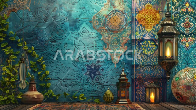 فوانيس و تحف اسلامية تقليدية للاحتفال بقدوم شهر الخير، الفن الاسلامي للتحف والاكسسوارات، فانوس عربي معدني مزخرف مضيء، إضاءة وزينة شهر رمضان المبارك، ديكورات وأنوار في الأجواء الرمضانية الروحانية، خلفية جدار مزخرف على الطراز الاسلامي