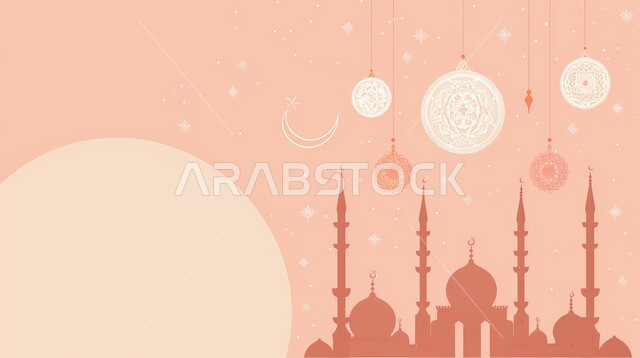 ديكورات وزينة شهر رمضان المبارك، بطاقة معايدة وتهنئة للإحتفال بقدوم الشهر الفضيل، أجواء رمضانية روحانية, الفن الهندسي المعماري لقبب ومآذن المساجد، خلفيات اسلامية باللون الوردي