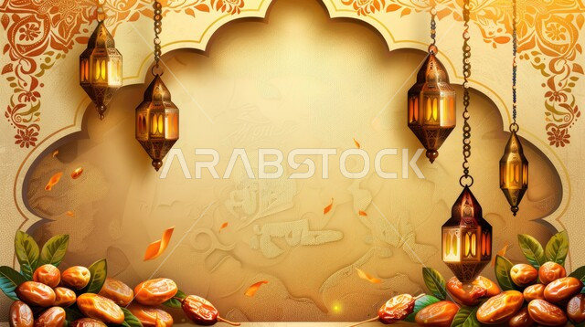 ضيافة شهر رمضان المبارك، زينة التحف والاكسسوارات، فانوس عربي معدني مزخرف مضيئ، ديكورات وأنوار في الأجواء الرمضانية الروحانية، فوانيس و تحف اسلامية تقليدية للاحتفال بقدوم شهر الخير، حبات التمور الصحية