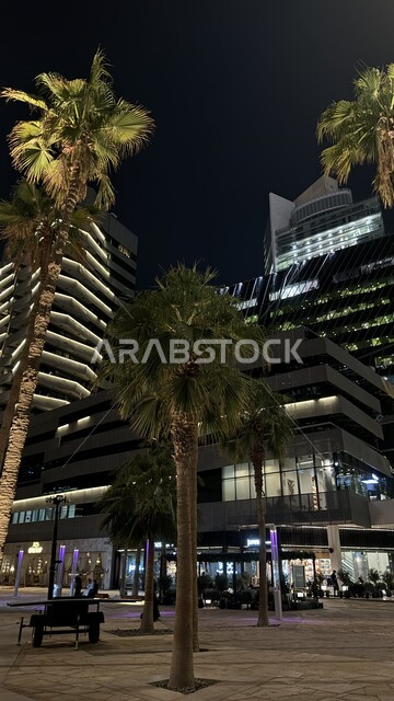 Financial towers and economic facilities in the city of Riyadh, architectural engineering art of skyscrapers, close-up image of King Abdullah Financial Center (KAFD) at night, urban growth and development in the Kingdom of Saudi Arabia, famous landmarks and places, trees and green plants