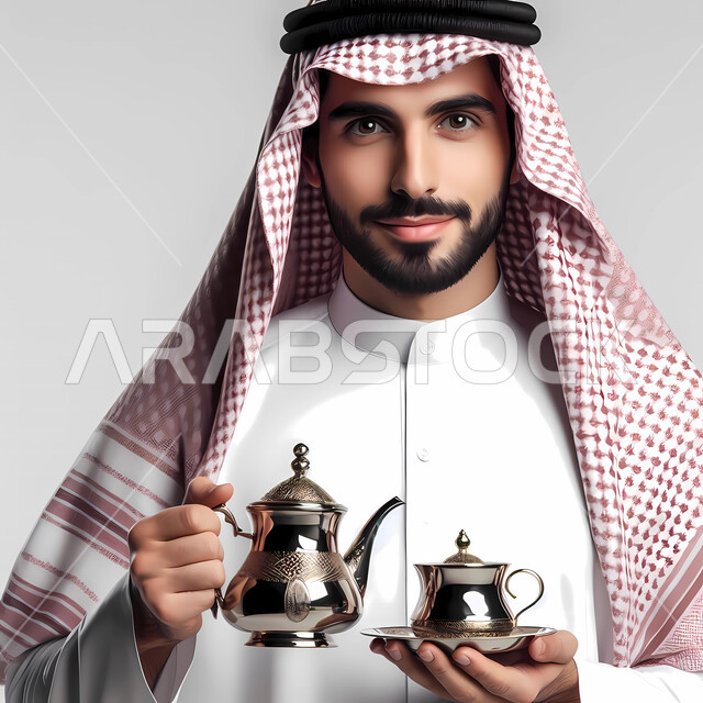 Hospitality and reception among the Arabs, a close-up portrait of a smiling Saudi Gulf Arab man holding a silver coffee pot and a cup in his hand, serving hot drinks, authentic Arab customs and traditions, white background